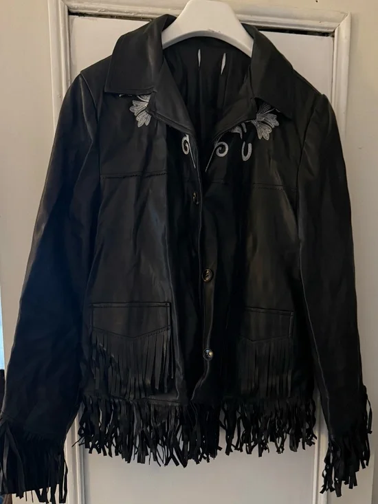 Black Leather Fringe Jacket with Embroidery - Picture 4 of 5